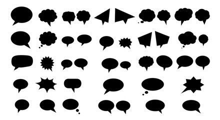 A collection of various speech and thought bubble silhouettes, including stars and arrows, suitable for graphic design and visual communication.