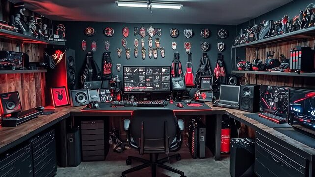 Creative gaming setup featuring multiple screens and gaming gear in a dark themed room