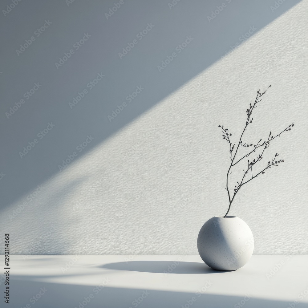 Aufkleber Minimalist vase with branch against a softly lit wall creating a serene atmosphere in a modern setting. Generative AI