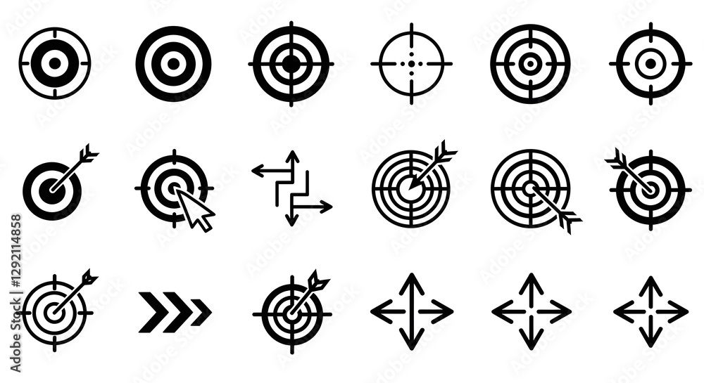 Poster a collection of various target and arrow icons, illustrating concepts of focus, direction, and preci
