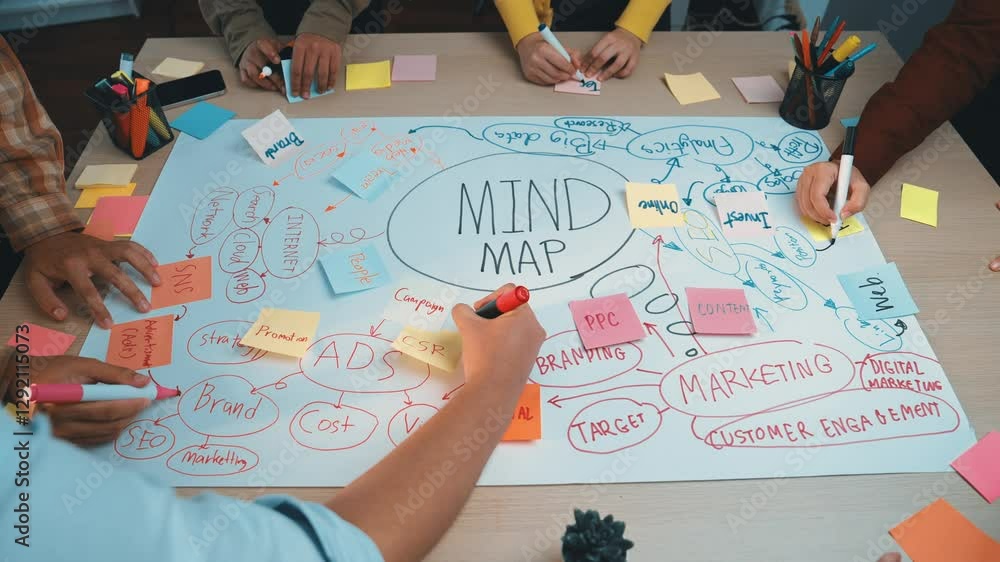 Poster a vibrant collaborative session showcasing diverse hands working on a mind map filled with colorful 