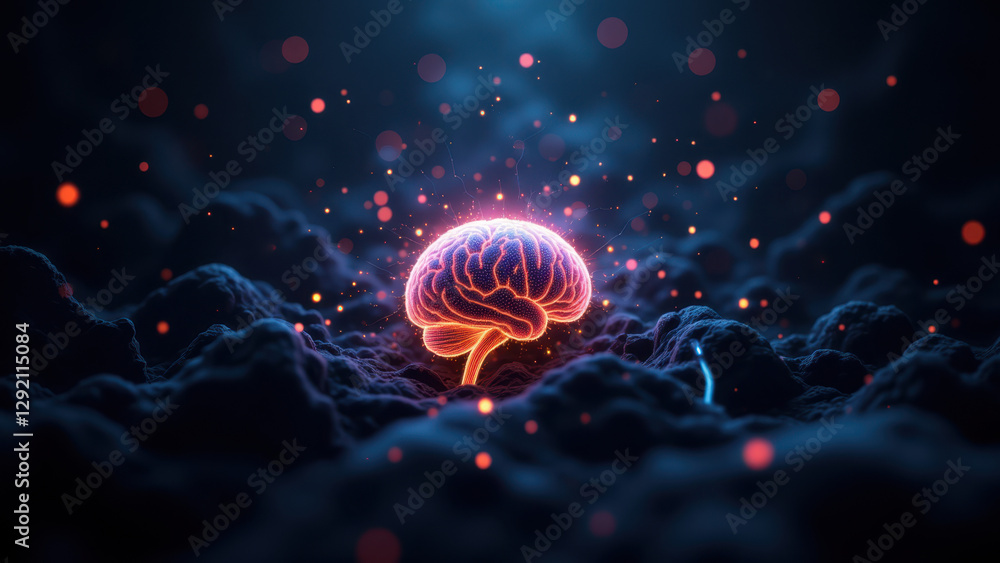 Aufkleber image of a glowing human brain against a dark backdrop with floating particles, symbolizing artifici