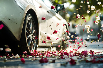 A white car surrounded by a shower of colorful flower petals on a sunny day.