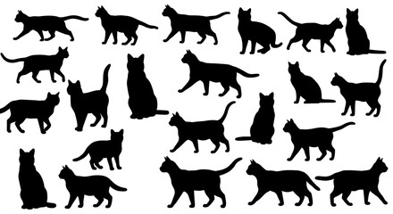A collection of black cat silhouettes in various walking and sitting poses against a white background.