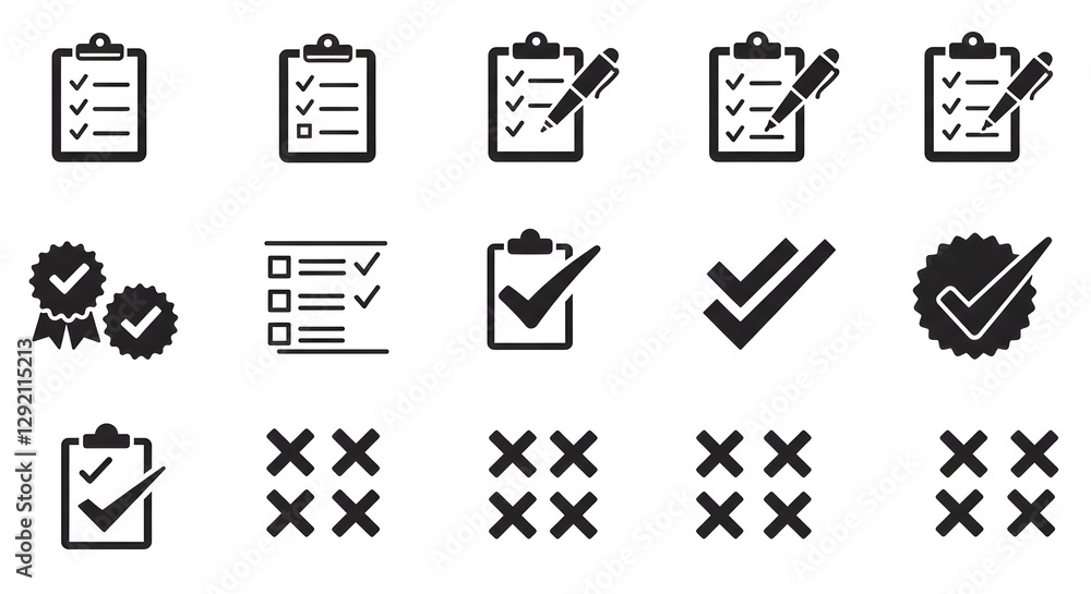Poster a series of checklist icons and symbols representing tasks, approvals, and evaluations, including ch