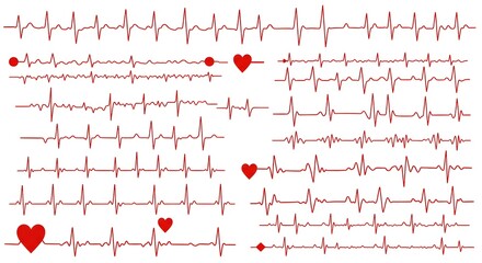 A collection of red heartbeat lines and heart symbols, illustrating the concept of health, love, and life.