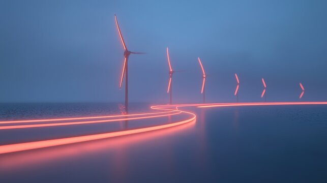 Ethereal Wind Turbines Illuminated by Glow in Foggy Seascape