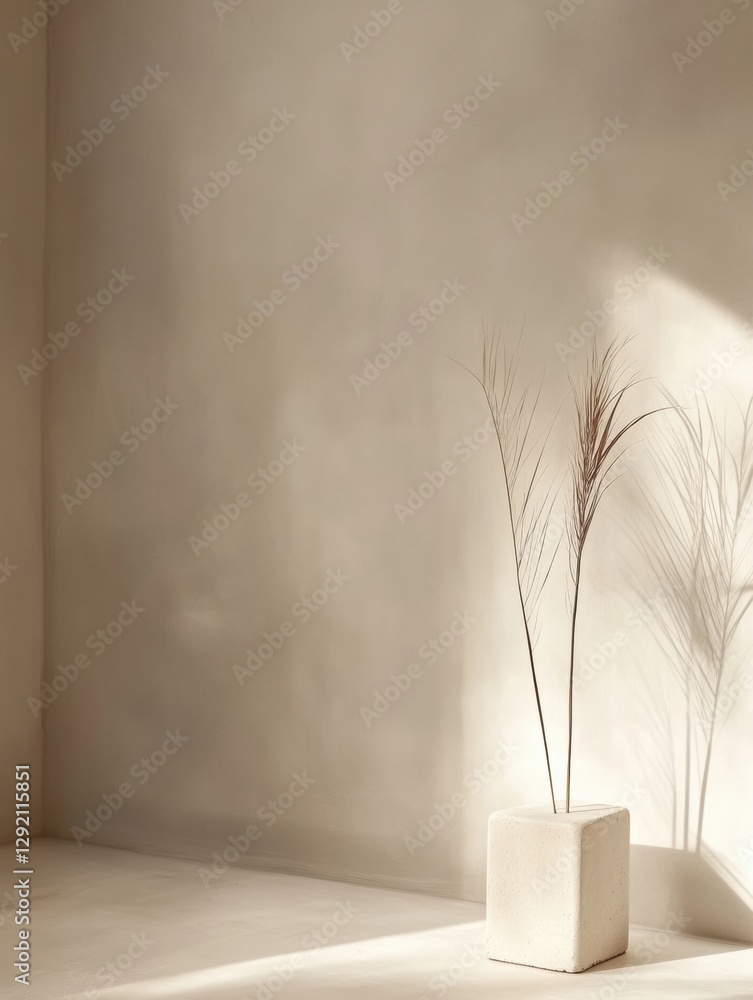Poster minimalist interior space with vase and plant casting soft shadows in natural light during the after