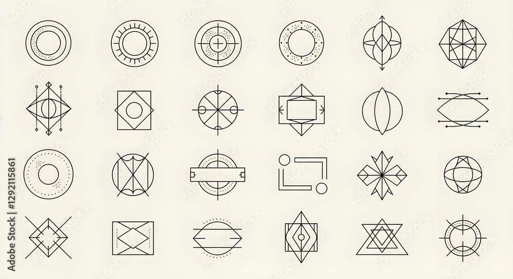 Aufkleber a collection of intricate geometric line designs arranged in a grid, showcasing various shapes and p