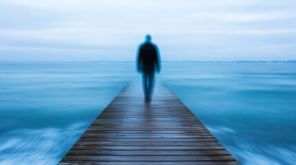Man Walks Pier, Misty Lake, Cloudy Day