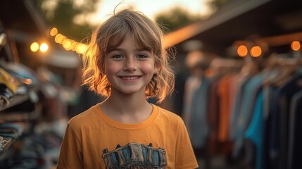 Obraz premium A Smiling Child at a Backyard Clothing Swap Event Surrounded by Clothes. Generative AI