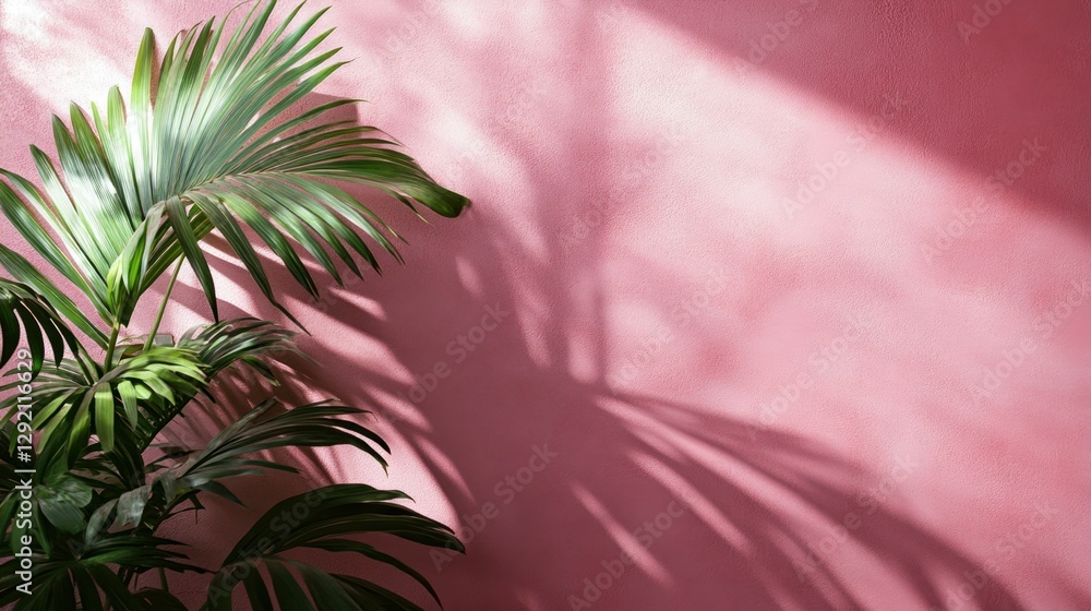 Poster blurred shadow from palm leaves on the pink wall. minimal abstract background for product presentati