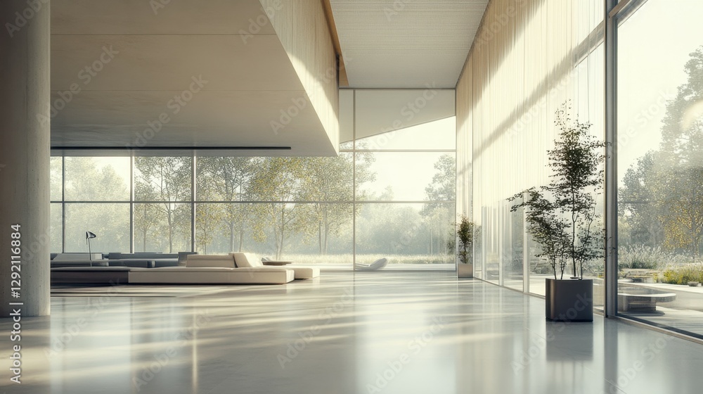Poster bright, modern interior with large windows and minimalistic design, creating an open atmosphere.