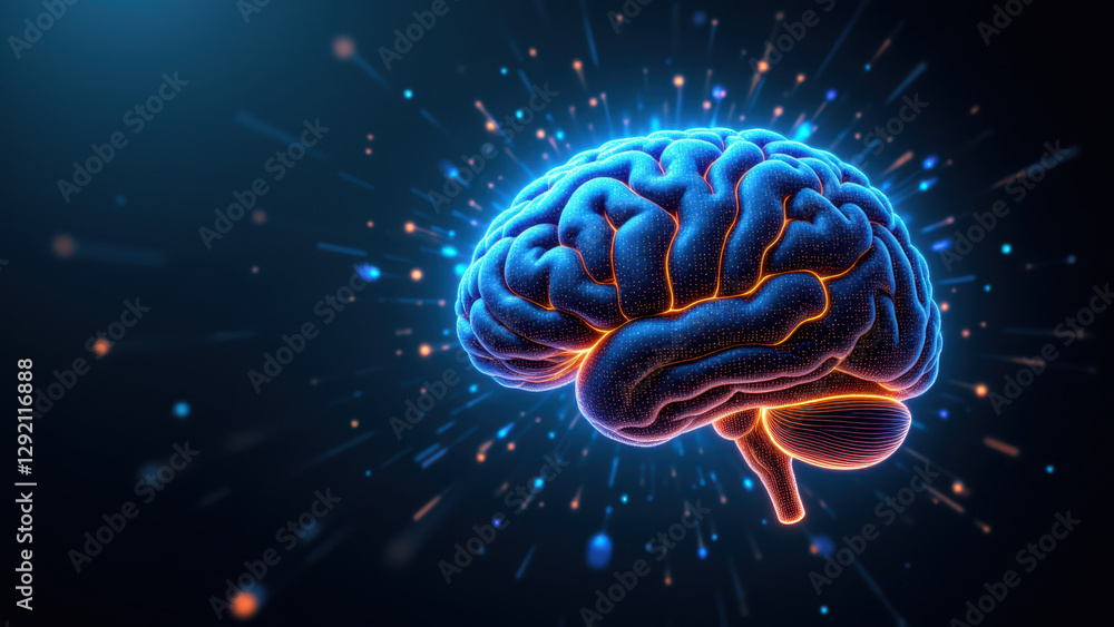 Poster a digital illustration featuring an artificial brain with intricate neural patterns and electric blu