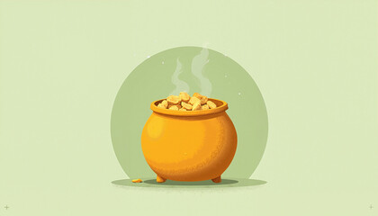 St. Patrick’s Day Pot of Gold filled with golden nuggets and steam rising against a light green background with copy space
