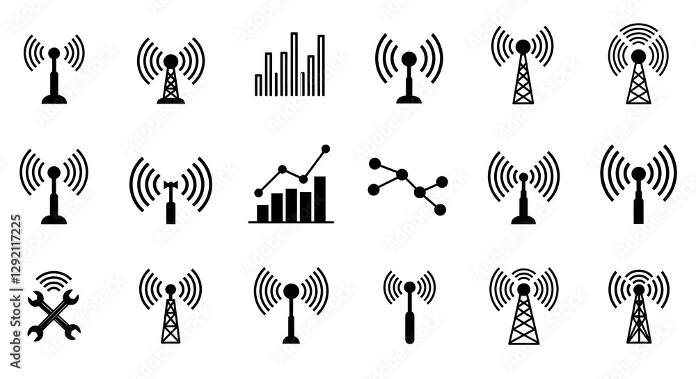 Poster a collection of black icons representing various radio tower signals, graphs, and tools related to t