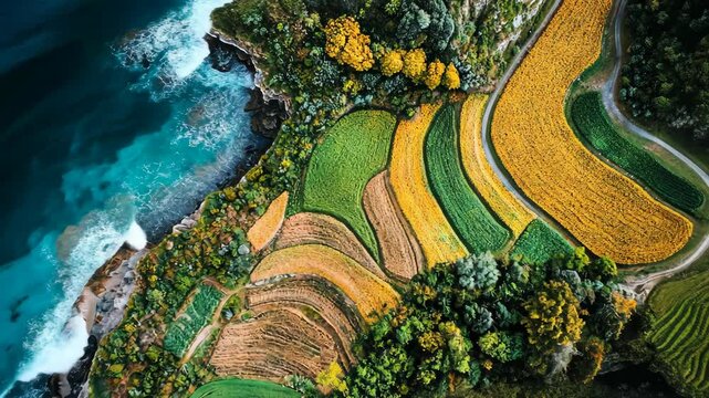 Colorful agricultural landscape near the coastline showcasing vibrant field patterns and lush vegetation in autumn