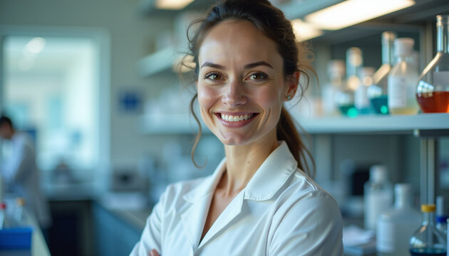 Smiling female scientist in a laboratory environment wearing a lab coat and showing confidence and professionalism