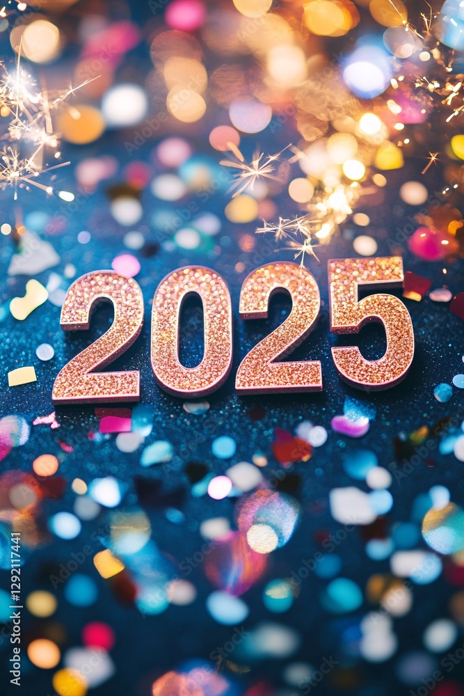 Poster 2025 sparkling numbers celebrating new year's eve with confetti and bokeh lights