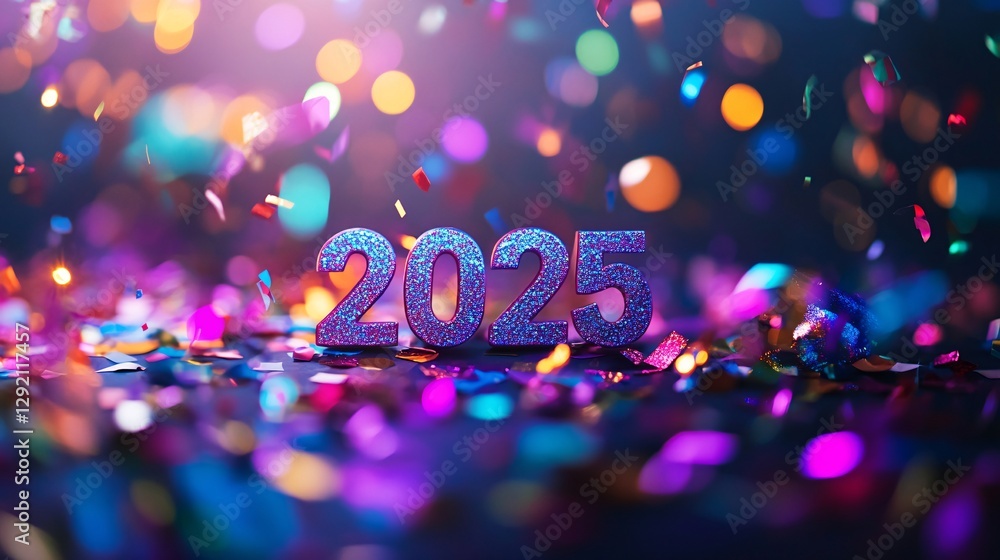 Poster 2025 new year sparkling numbers surrounded by falling confetti