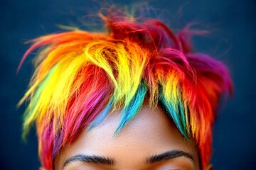 Attractive happy black girl - for ads, advertisement and social internet ad use. Short haircut - multicolored hair. Commercial ad creative. African model photography. Modern hair concept.