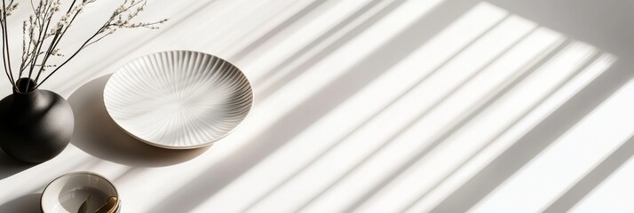 Soft shadows and minimalist table setting with ceramics and greenery during daytime indoors. Generative AI