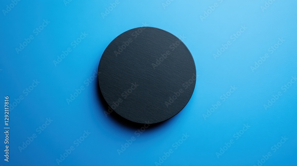Poster circular black object placed on a blue background, creating a minimalist aesthetic