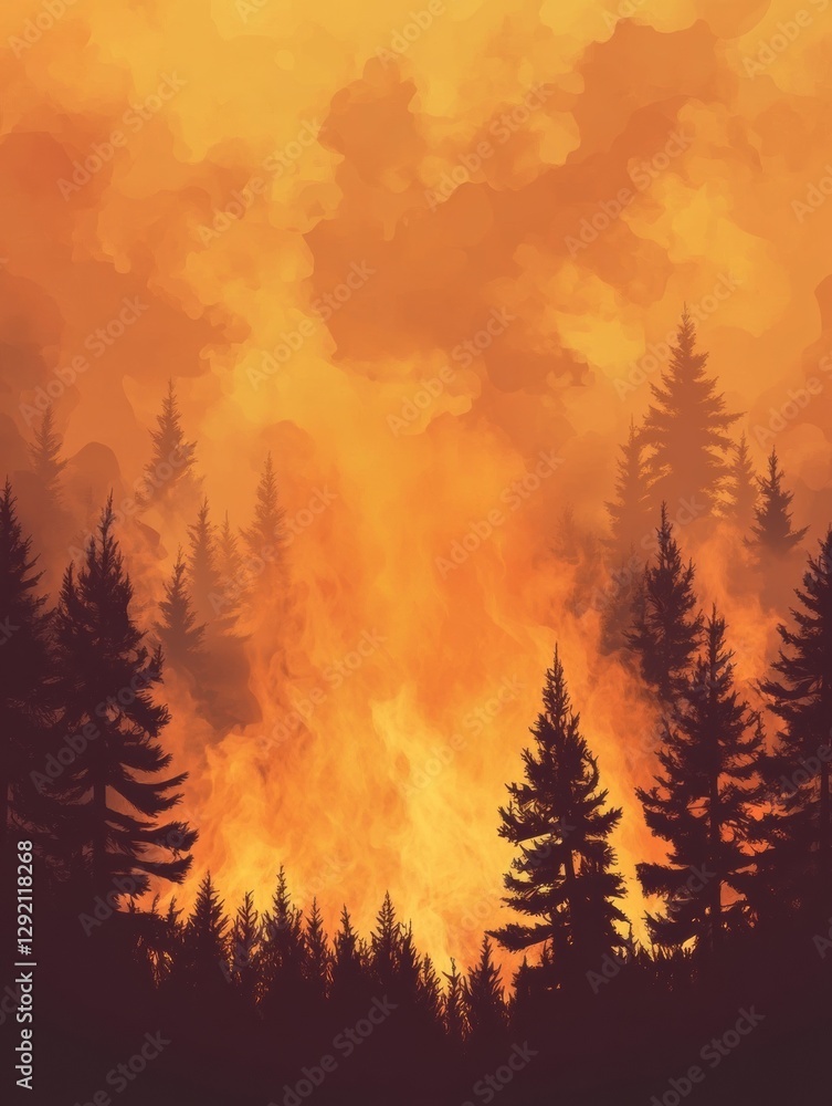 Poster flames engulfing a forest with thick smoke rising in the sky during a devastating wildfire. generati
