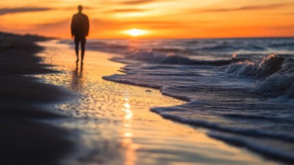 Person Walks Beach Sunset Golden Hour