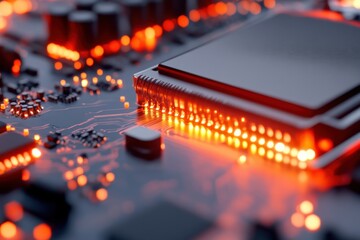 circuit board with glowing orange lights