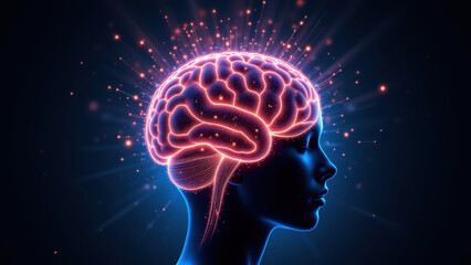 Obraz premium An illustration of a human head with a brightly lit brain, symbolizing artificial general intelligence.
