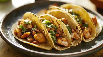 Tacos de Chicharron en Salsa Verde - Tacos filled with crispy pork skin simmered in tangy green salsa.