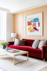 Fototapeta premium Bold elegant living room, oversized deep ruby red velvet sofa with cozy plush cushions, textured sand colored accent wall with soft LED backlight