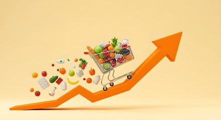 A shopping cart overflowing with colorful groceries trails behind an upward-pointing arrow, symbolizing growth in the food industry.