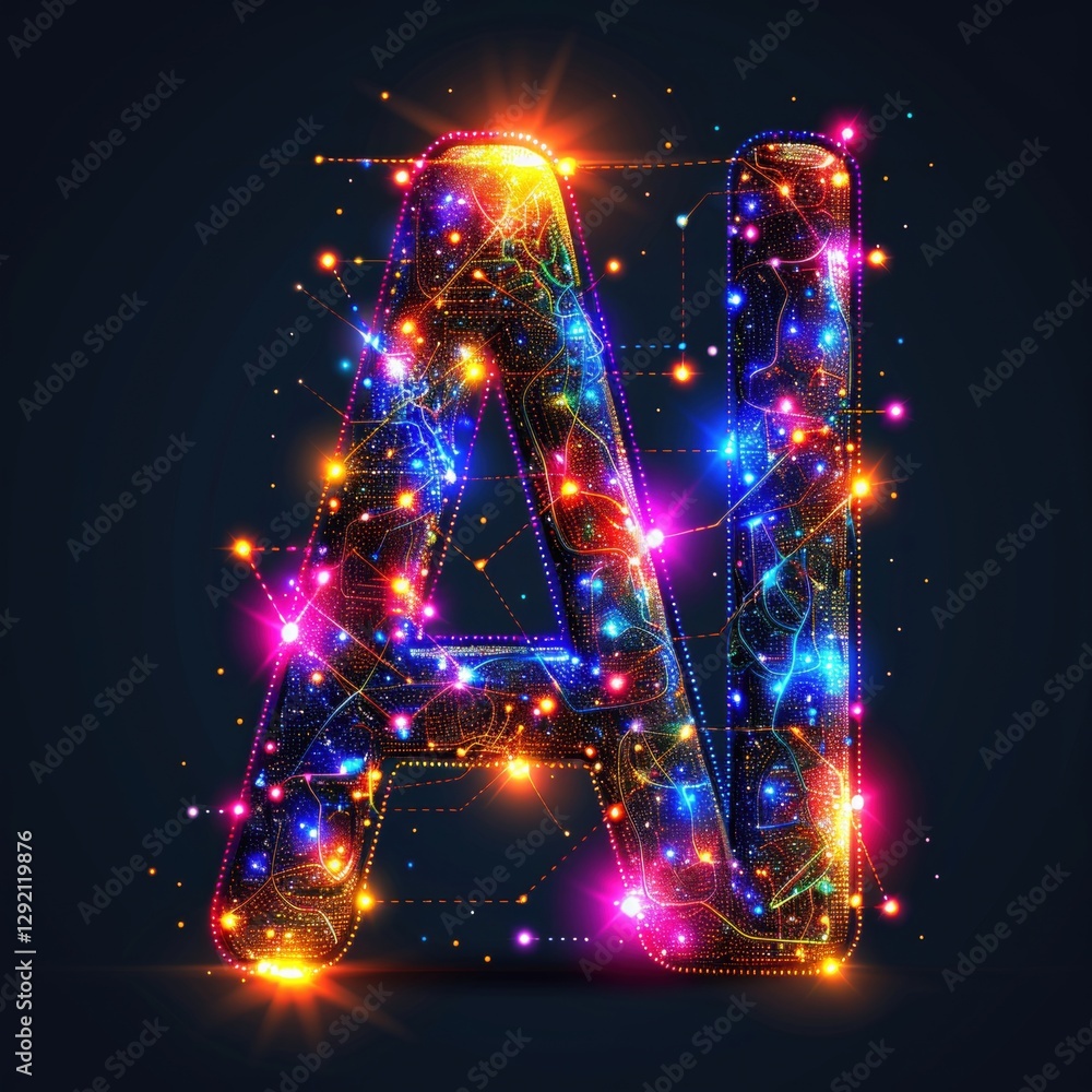 Poster futuristic design presents ai in bold illuminated letters intertwined with a brain model and circuit