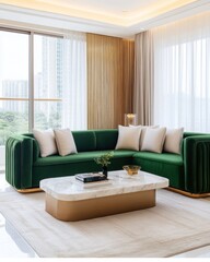 Luxurious living room, oversized emerald green velvet sofa, golden textured accent wall with soft LED lighting, sculptural marble coffee table, plush wool