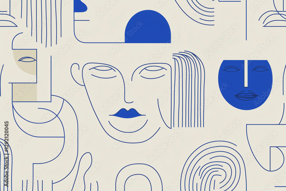 Fototapete abstract faces: a vibrant pattern of abstract faces, rendered in a minimalist line art style with a 
