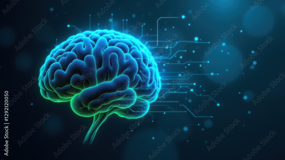 Poster an artistic representation of artificial general intelligence with a human brain symbolizing advance