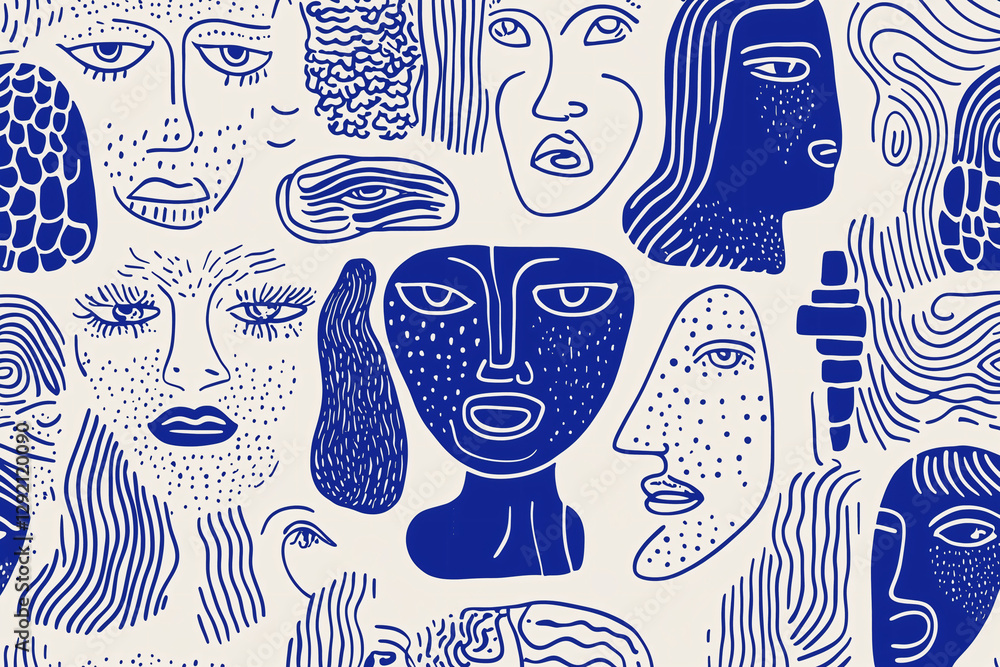 Poster artistic faces: an abstract illustration featuring a multitude of stylized faces with expressive fea