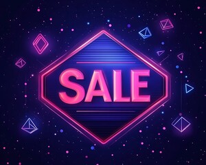Neon sale sign, digital, space background, promotion