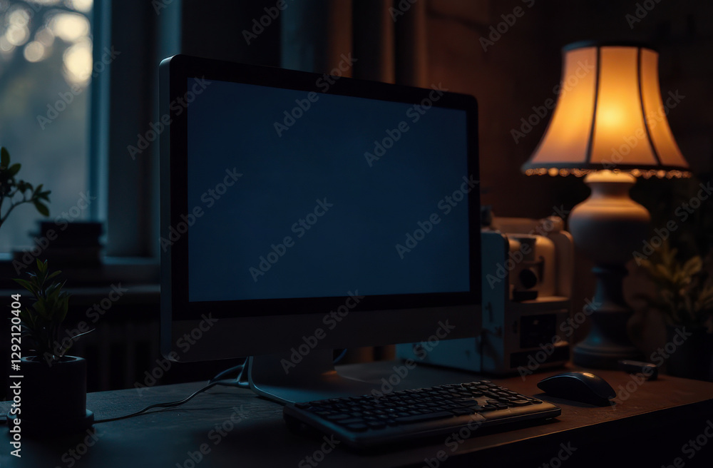 Poster a quiet workspace features a computer with a blank screen accompanied by a softly glowing lamp. the 