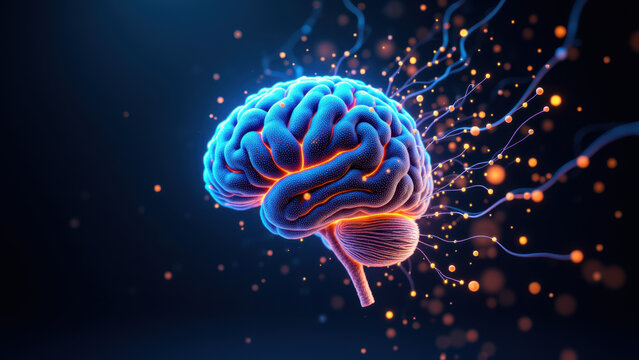 Brain with fireworks or sparks exploding out of it representing artificial general intelligence.