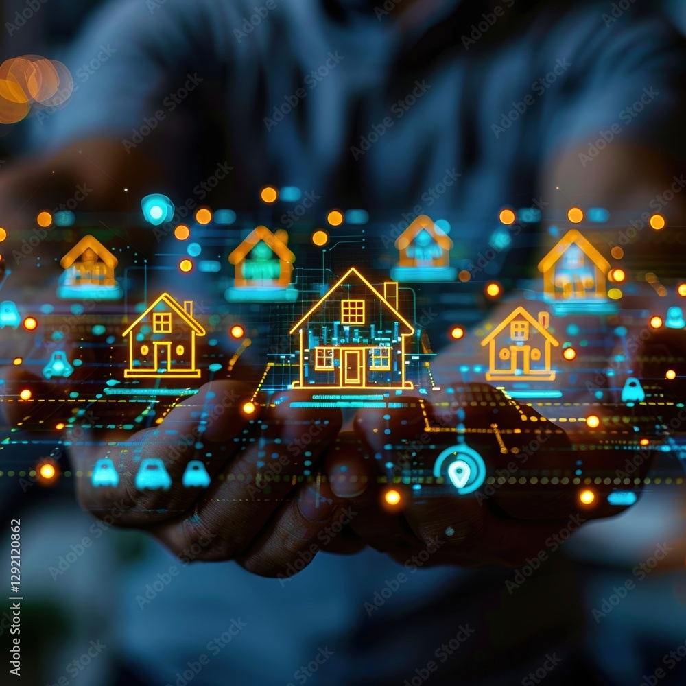 Aufkleber A businessman extends his hand to showcase vibrant graphics of houses and financial data. The dark background highlights the colorful visuals creating a dynamic contrast in the lighting.
