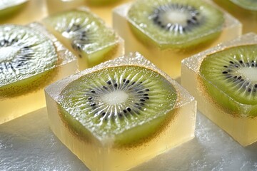 Kiwi Cubes: The image showcases an assortment of transparent kiwi cubes, each delicately embedding a slice of kiwi.