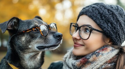 Woman and dog wearing glasses enjoying a playful moment in a colorful autumn park