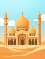 A detailed flat vector illustration of a grand mosque with domes and minarets, featuring intricate patterns and vibrant colors