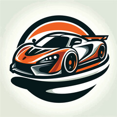 Naklejka premium This image is a vector graphic of a sports car. The car is orange and white with black accents, and is set against an orange and black circular background.