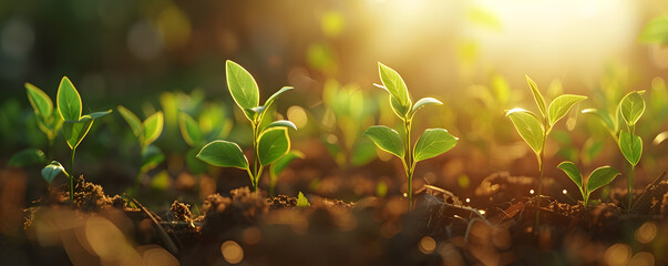 Sunlit young saplings in soil
