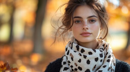 Naklejka premium Autumn Portrait: Captivating portrait of a beautiful young woman amidst the golden hues of autumn, her gaze drawing the viewer in with warmth and depth.
