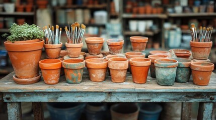 Fototapeta premium Various Terracotta Pots and Paint Brushes in an Artist's Workshop. Generative AI